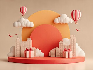Dreamy Romantic 3D Display with Hot Air Balloons, Cloud Ornaments and Gift Boxes
