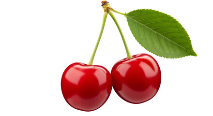 Two ripe red cherries with stem and leaf isolated on transparent background