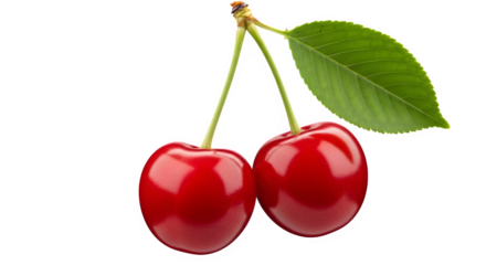 Two ripe red cherries with stem and leaf isolated on transparent background