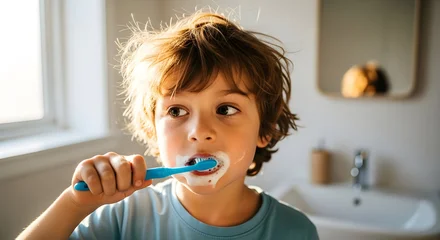 Ingelijste posters Tandarts Lifestyle photo of a child brushing teeth in a brightly lit bathroom with natural morning light coming from the side  © Admint