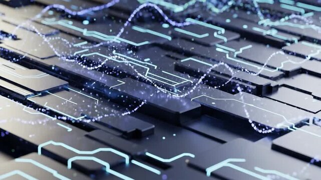 Abstract Digital Circuit Board With Blue Glowing Data Streams And Particles Flowing Across A Dark Futuristic Surface