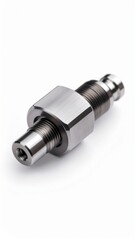 Precision engineered metal industrial component with detailed threads and hex nut on white background