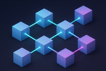 Obraz premium Geometric network connections showcasing dynamic blockchain technology represented with glowing cubes and neon lighting in a digital landscape