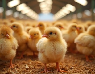 Numerous fluffy yellow chicks in a farm pen setting. The chicks appear to be in a close up portrait. Poultry farming concept with many cute chicks.
