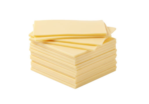 A neatly arranged stack of creamy pale yellow, perfectly square processed cheese slices fanned out on a seamless transparent background with soft studio lighting, appetizing commercial product