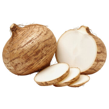 Jicama root whole halved and sliced pieces showing white flesh on transparent background