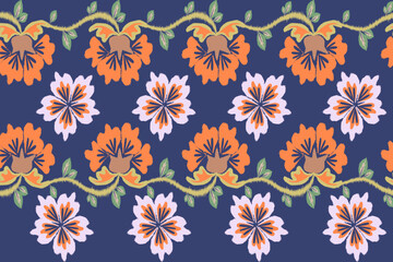 Seamless Thai-inspired floral pattern featuring bold orange and pastel blossoms on a navy background. Perfect for textiles, fabric prints, wallpaper, packaging, and decorative design projects.