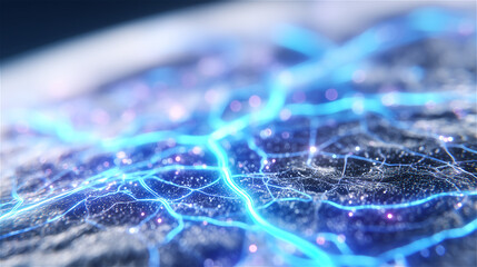 Abstract blue glowing network of digital connections resembling neural pathways, symbolizing AI, data flow, futuristic technology and innovation.