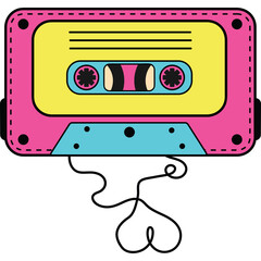 Retro Cassette Tape with Headphones Vibrant Pink Yellow and Teal Colors Nostalgic Music Accessory with Tangled Cord on Transparent Background