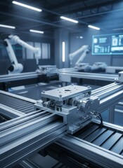 Automated factory robotic arms and assembly line in a modern industrial setting with digital displays