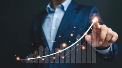 Business professional guides upward trending financial chart with glowing arrow