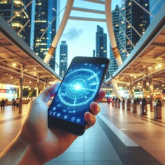 Hand holding smartphone displaying glowing circular interface against a blurred city skyline at dusk