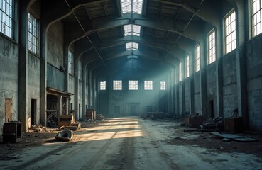 Large industrial hall interior with sunlight rays. Abandoned factory space with concrete walls windows. Industrial decay background. Building interior with old equipment. Dramatic light inside