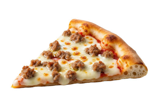 A perfectly cooked slice of classic sausage pizza with melted mozzarella and crumbled sausage, isolated on a bright white studio background, shallow depth of field concept for commercial food