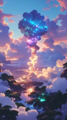 Surreal glowing cloud formation erupting over a serene landscape with reflective water and mountains