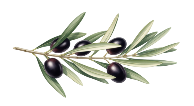 Watercolor illustration of an olive branch with ripe black olives and silvery-green leaves, on a transparent background with copy space, soft light. Concept of Mediterranean freshness