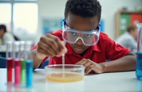 Young boy conducts science experiment in lab wearing goggles. Student mixes liquids in petri dish, test tubes nearby. Focused child learns at school table. Future scientist explores.