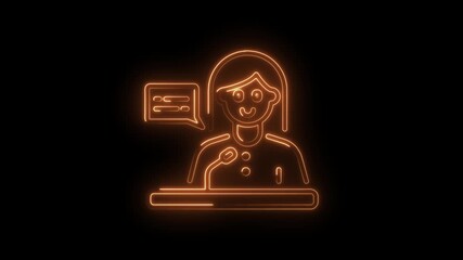 Glowing woman speaker at podium presenting speech neon outline on black background