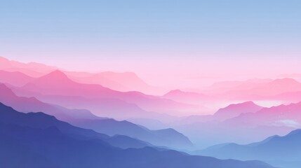 Pink and blue shaded mountains receding into the distance under a light blue sky