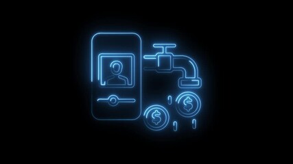 Neon streaming platform with faucet dispensing dollars for content creators in dark background