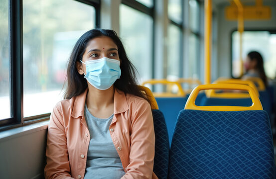 Young Indian woman rides public transport wearing a light blue face mask. She looks out window with thoughtful expression. Commuter travels by bus during day. - Powered by Adobe