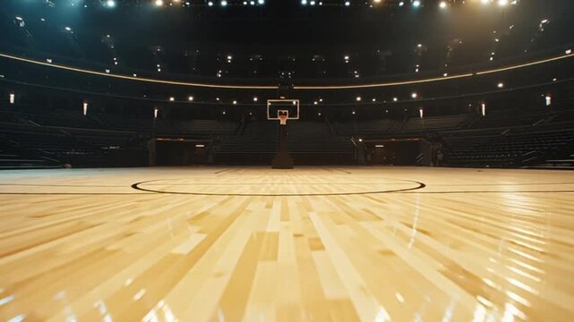 Empty Arena with Glowing Wooden Floor in Low Angle Shot