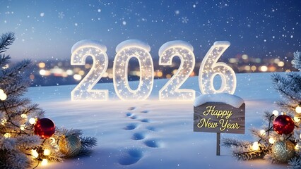 Footprints Toward Tomorrow: Illuminated 2026 in Snowy Stillness Beneath Twinkling City Skies and Pine-Lit Dreams of a Hopeful New Year&rsquo;s Night