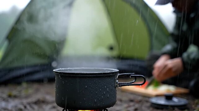 Rainy Day Camp Cooking with Steaming Pot and Tent