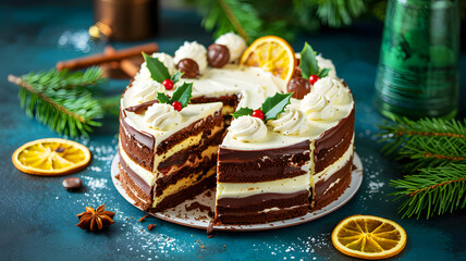 Delicious chocolate cake with white frosting and orange slices on a festive holiday background