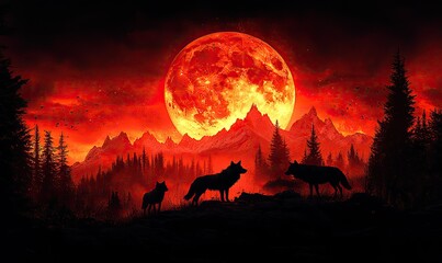 Naklejka premium Blood moon rising over a dark forest with three wolf silhouettes in the foreground.