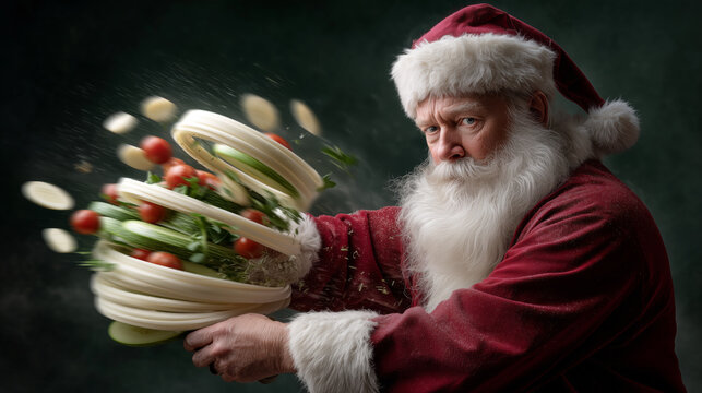 Santa Claus in festive attire skillfully tosses fresh vegetables in a dramatic motion, showcasing culinary creativity and holiday spirit with vibrant colors