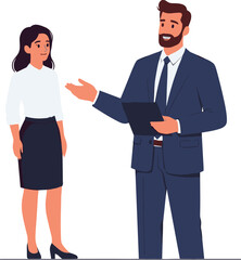 Businessman and businesswoman discussing professional work, office communication, teamwork, corporate presentation, leadership, business strategy, collaboration