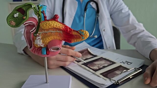 Detailed view of a medical model of the pancreas alongside ultrasound images 