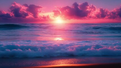 Pink and purple sky sunset over ocean with breaking waves