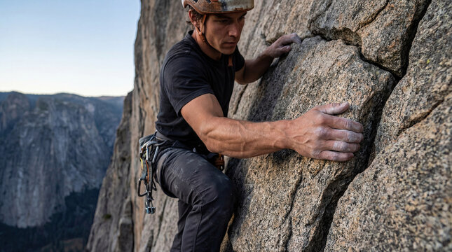 A climber scaling a steep and craggy rock face