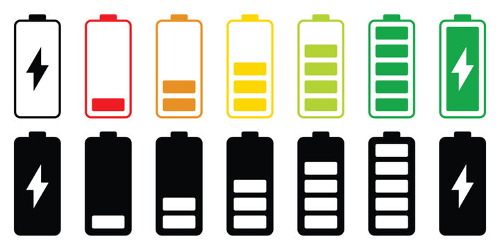 Battery level indicators icon set. Battery charge level indicators showing full to empty states. Power and Charging Status Symbols. Line and solid icon set. Vector illustration.
