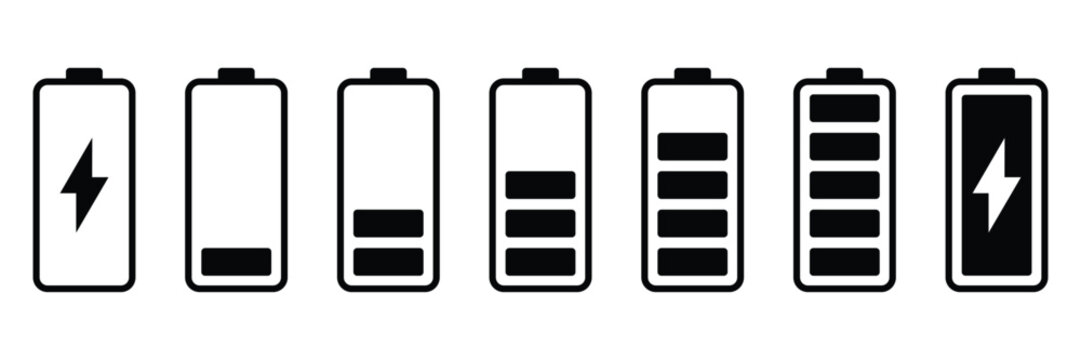 Battery level indicators line icon set. Power and Charging Status Symbols. Battery charge level indicators showing full to empty states. Vector illustration.