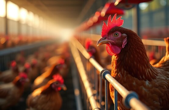 Brown hens stand in cages inside large farming facility. Rows of birds in battery cages produce eggs in an indoor agricultural setting. Sunlight streams through opening.
