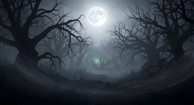 A spooky forest landscape with bare trees under a full moon in a dark and mysterious atmosphere.