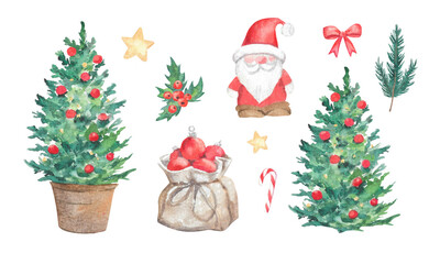 Christmas collection of watercolor sketches. Christmas tree and bag of red balls