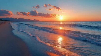 Warm tropical sunset over ocean waves and sandy beach - Powered by Adobe