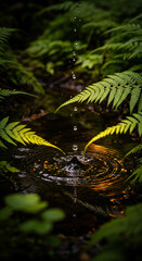 Serene raindrop creates calming ripples in forest pond, tranquil scene