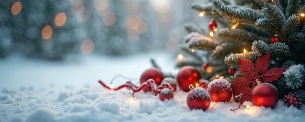 Snow covered evergreen branches adorned with red ornaments, twinkling lights. Festive winter scene features soft bokeh lights in background creating magical atmosphere for Christmas, holiday