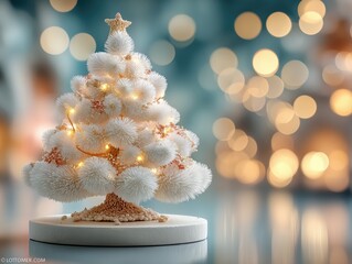 Warm Christmas Display 3D Scene with Fluffy Tree and Golden Bokeh Lights