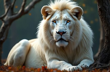 Fototapeta premium Majestic albino lion with striking amber eyes rests in a forest setting. Its white fur contrasts with fallen autumn leaves and tree trunks. The rare creature looks directly at the viewer.