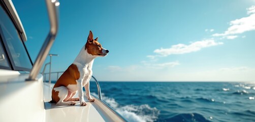 Cute Jack Russell Terrier dog travels on a luxury yacht. The small puppy sits on a boat deck enjoying a sea voyage. Pet on summer vacation cruise looks at ocean waves during a sunny day trip.