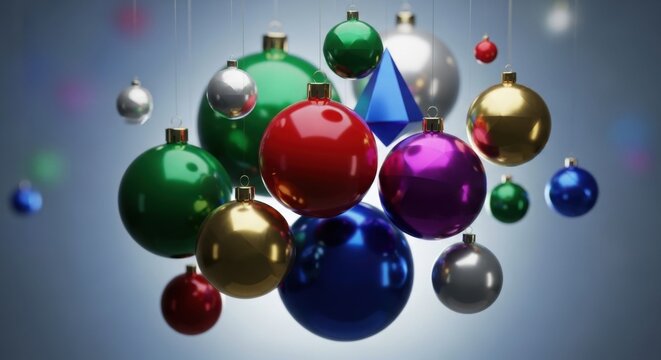 A vibrant cluster of colorful christmas ornaments including spheres and a diamond shape suspended against a soft blue gradient background with bokeh lights