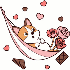 SVG art: A Surprised Corgi in a Valentine vibe with in a hammock, tinted with Valentine Blush tones