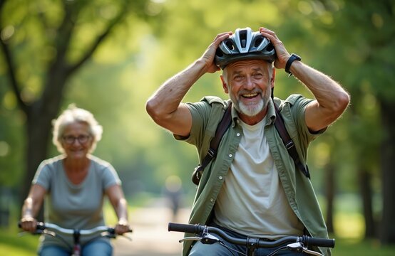 Senior couple biking in park on sunny summer day. Man puts on helmet smiling happily. Woman rides bike behind, enjoying nature. Active retired lifestyle.