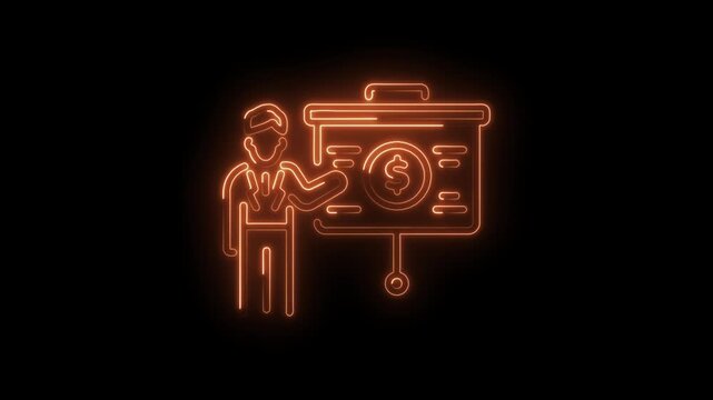 Neon style financial presentation of a businessman presenting a dollar sign on a board - Powered by Adobe